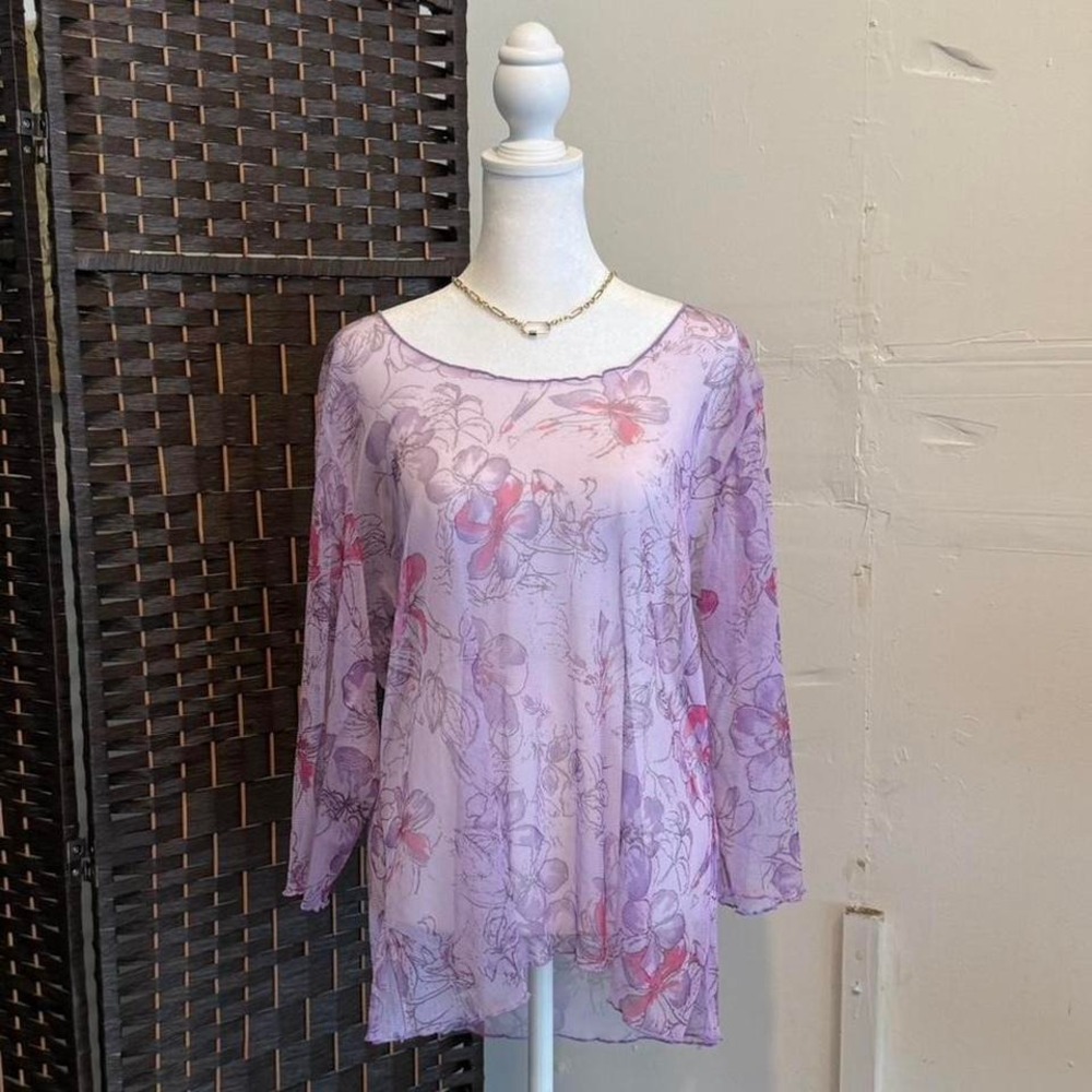 Faded Glory Y2k Lavender Sheer Floral Blouse 3/4 Sleeves Fairy Core Top Size 16W